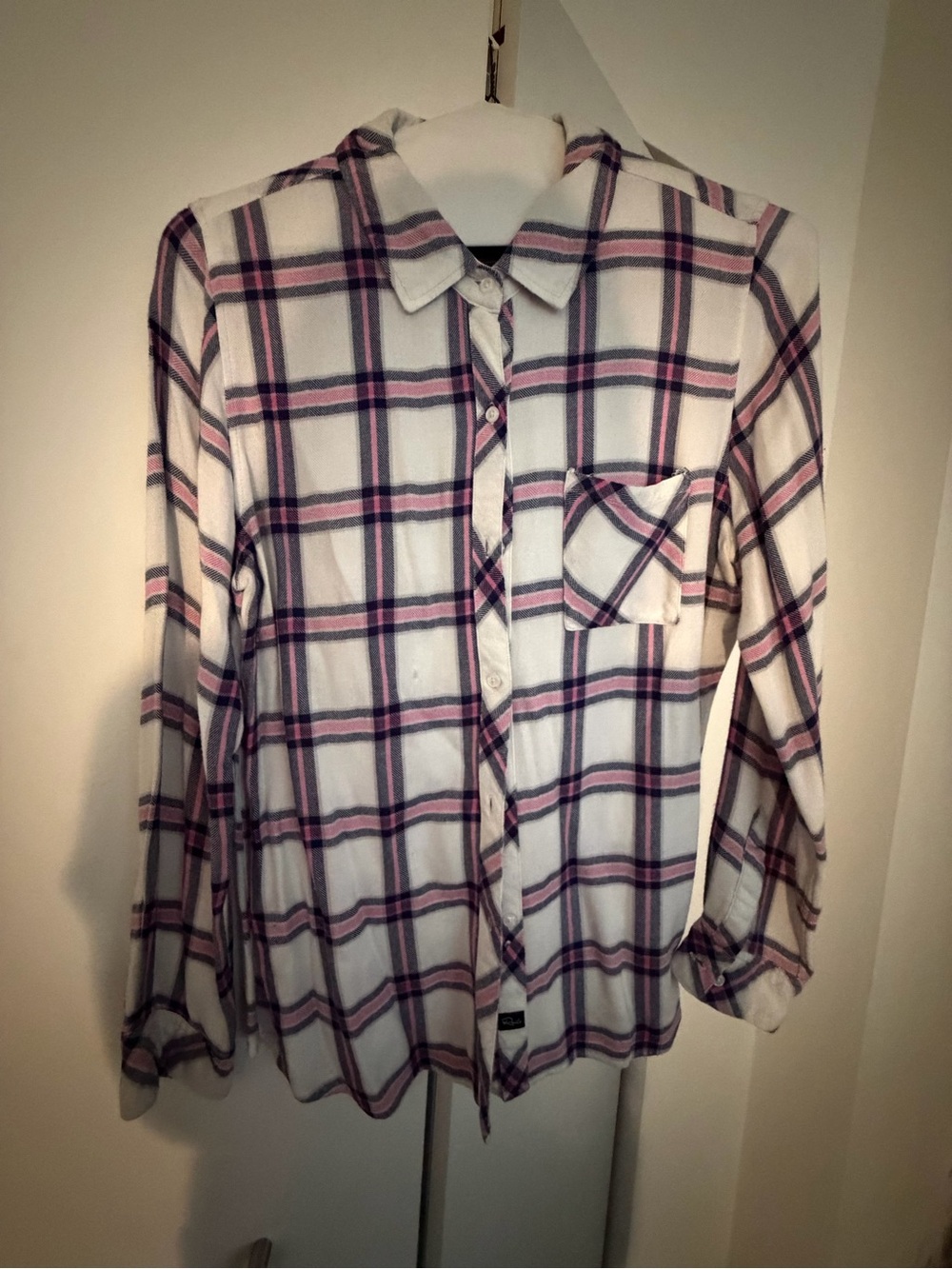 Rails Women's White Plaid Button-Up Shirt with Pink and Black Stripes